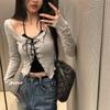2KWEIRD Korean Two Piece Suit Suspender Cardigan Women's Sexy V-neck Slim Y2K Crop Long Sleeve Cross Bandage Knit Tops