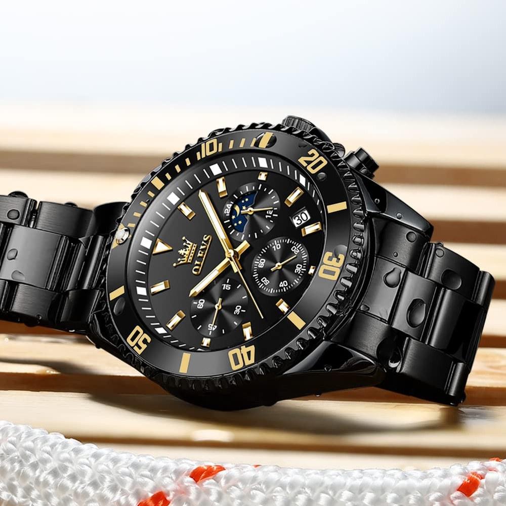 OLEVS Men's Analog Quartz Wristwatch Black Metal Band Waterproof Date Display Large Unidirectional Rotating Bezel