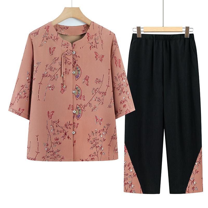 

Elegant Floral Two-Piece Set for Middle-Aged and Senior Women - Chinese Style Seven-Sleeve Mother s Day Spring/Summer Fashion 2XL: Recommended 105-125 jin красный