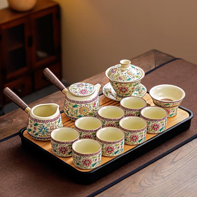Leinuo Ru Kiln Floral 12-Piece Tea Set with Tray