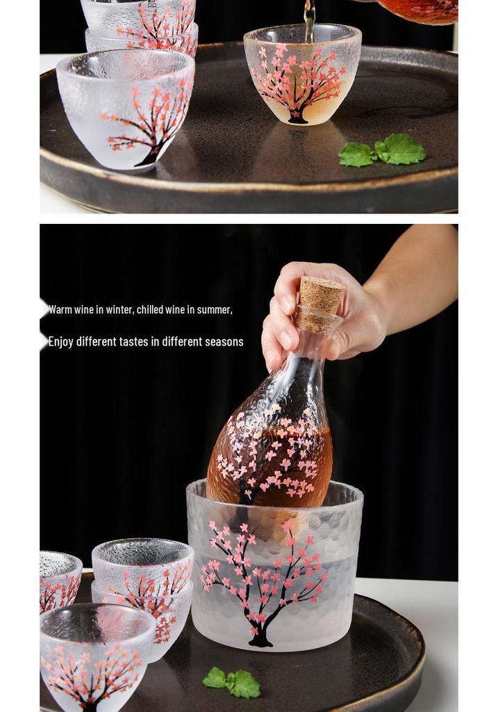 Cherry Blossom & Plum Glass Sake Set: Hand-Painted Pot & Cups
