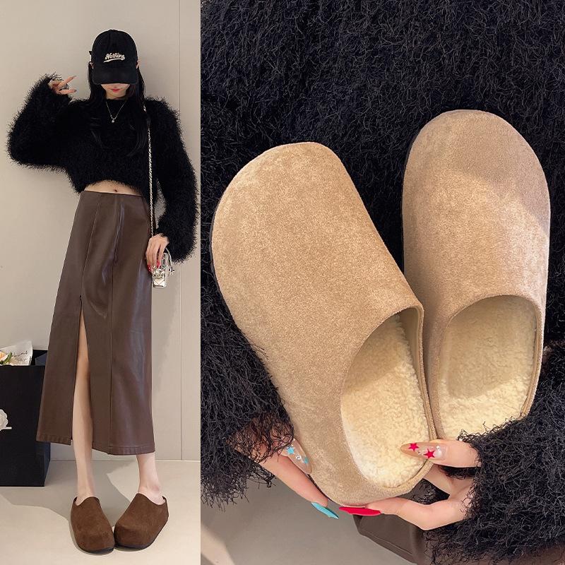 Comfortable casual shoes platform bag head half slippers velvet boken shoes loafers autumn and winter wear soft-soled slippers women's shoes