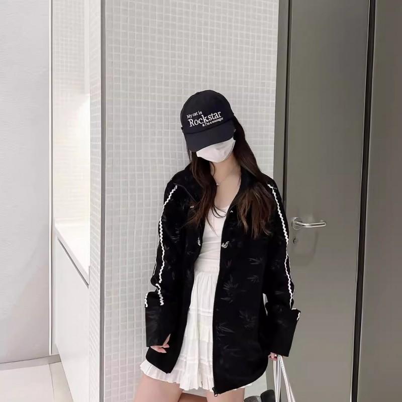 Unisex Oversized Cotton Blend Printed Jacket With Bamboo Leaf Stand Collar Zip Front Loose Fit Fall