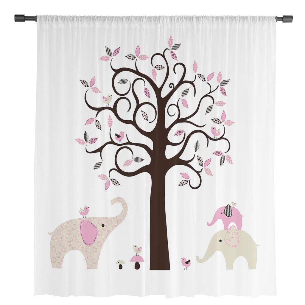 Cartoon-Bäume und Elefanten, Tüll-Vorhänge für Wohnzimmer, Küche, durchsichtiger Voile-Vorhang, Schlafzimmer-Fensterpaneele