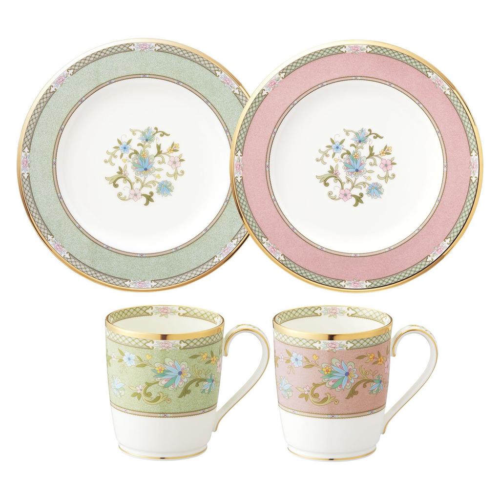 Noritake Mug & Plate (Color-Changing Pair Set) Mug: 285cc, Plate: 22cm, Yoshino: 2 Mugs, 2 Plates, Green and Pink Bone China, M1009/9983-57