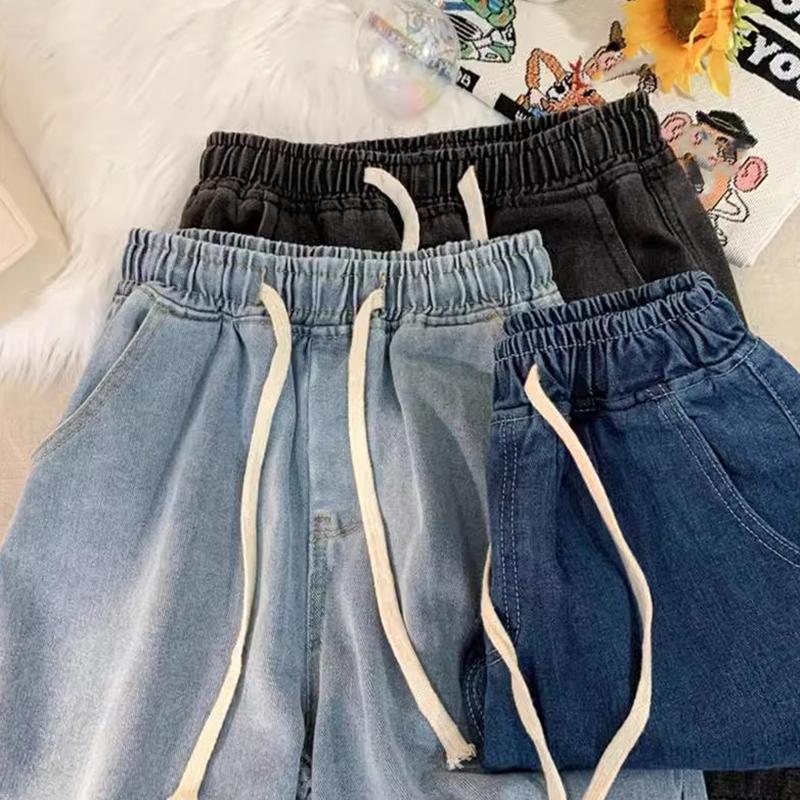 Vintage Men's Jeans Summer Loose Wide Leg Knee Length Shorts New Washed Fashion Short Denim Pants