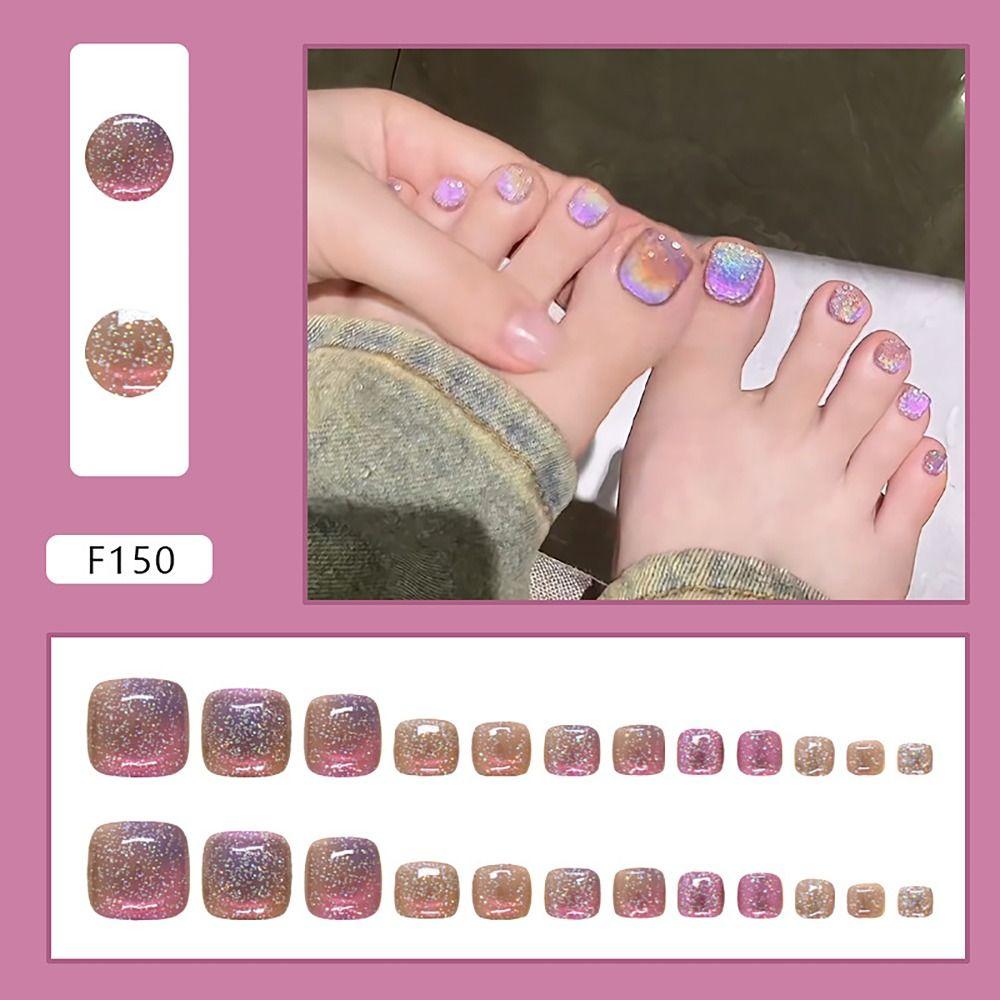 24pcs/box Aurora Toe Nails Cat Eye Foot Nails French Style Press On Nail  for Women Girl