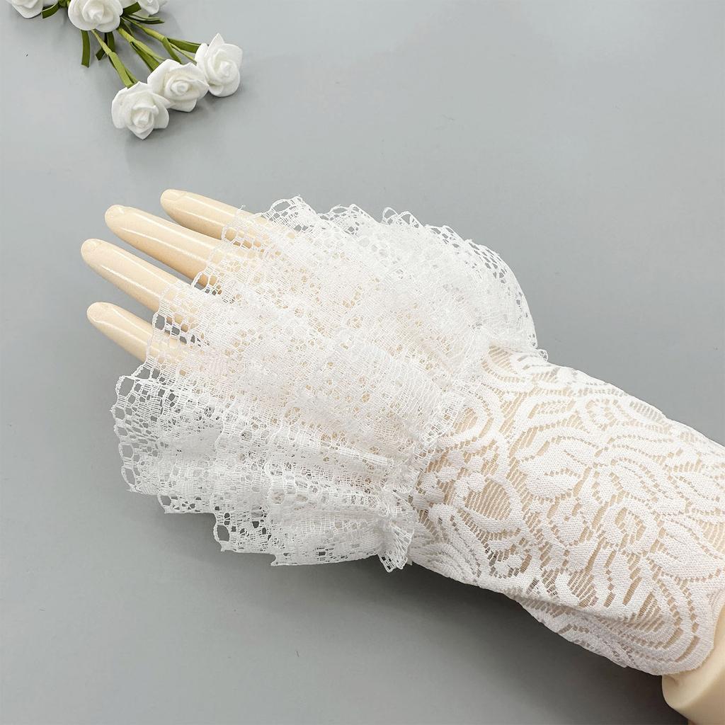 1 Pair Womens Wrist Cuffs Flower Ruffle Lace Pleated Horn Cuffs Detachable Shirt False Sleeves Wrist Warmers