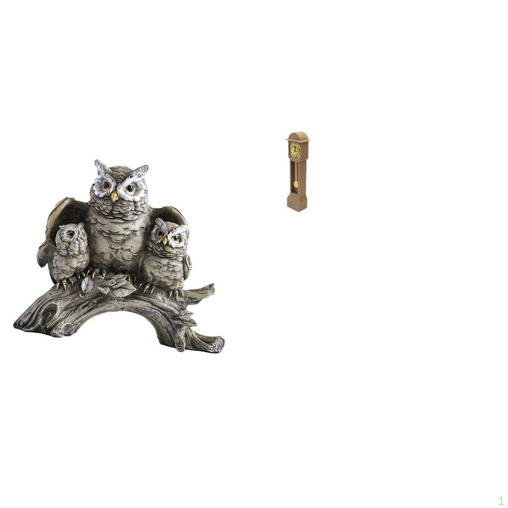 Modern Owl Sculpture Tabletop Ornament with Miniature Grandfather Clock Vintage Animal Statue for