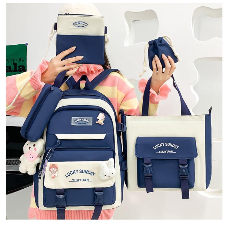 Middle School Boys and Girls School Bags Fashion Canvas Color Blocked Primary Student Backpack 5 Pcs Set Satchel with Tutoring Bag