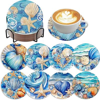 8 Pieces/set of Diamond Painted Ocean Patterned Coasters, DIY Coasters with Holder, Suitable for Beginners and Adults, Art and Craft Supplies Gifts