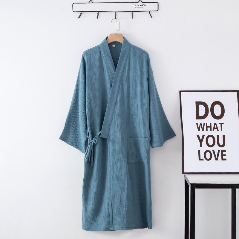 

Весна Лето Женский Халат Парный Хлопковый Креповый Банный Халат Масляный Свободный Открытый Платья с Карманами Повседневная Женская Одежда для Сна L озеро синий