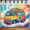Psychedelic Hippie Bus and Daisy Retro Party Backdrop - Multi-functional Polyester Fabric Birthday Party Decoration