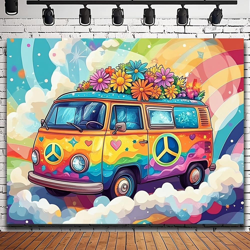 Fondo psicodélico de autobús hippie y margaritas retro para fiesta - Decoración multifuncional de tela de poliéster para fiesta de cumpleaños