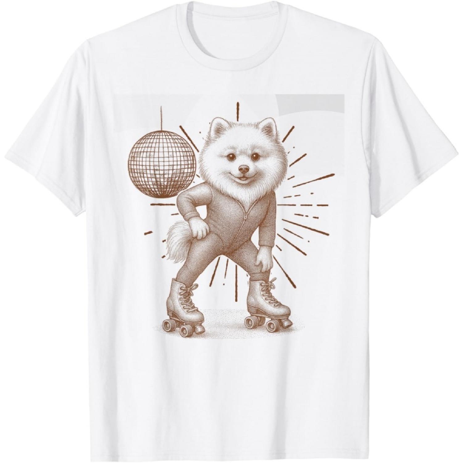 Pomeranian Dog Lover Disco 70s Pomeranian Roller Skate Disco T-Shirt for Men Women S