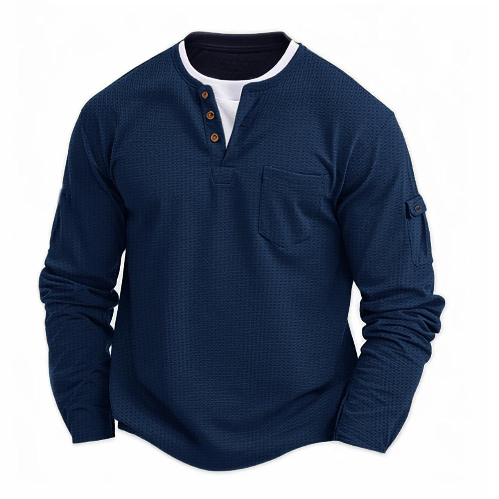 

Cross-Border Men s V-Neck Color Block Double Layer Long Sleeve T-shirt for Autumn/Winter XXL темно-синий