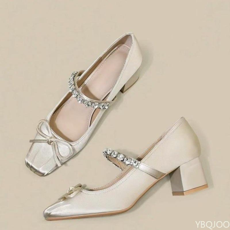 Fashion Spring summer new butterfly knot thick single shoes square toe shallow mouth fashionable elegant simple versatile high heels