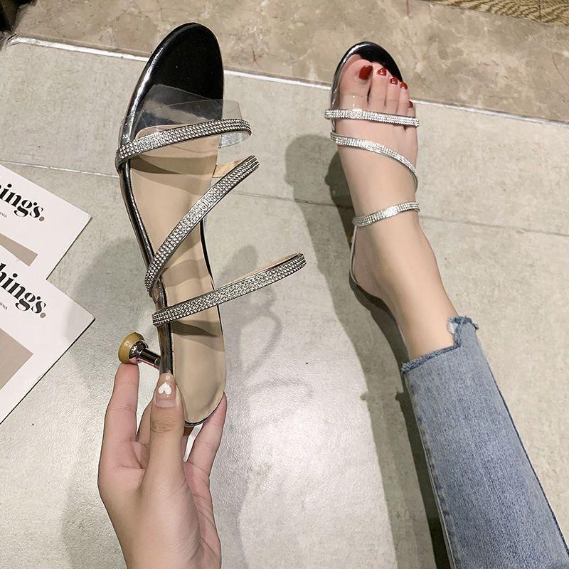 3Cm half-drag high heels, rhinestone fairy, cool slippers outside the wind, female 2025 new summer temperament low heel medium heel