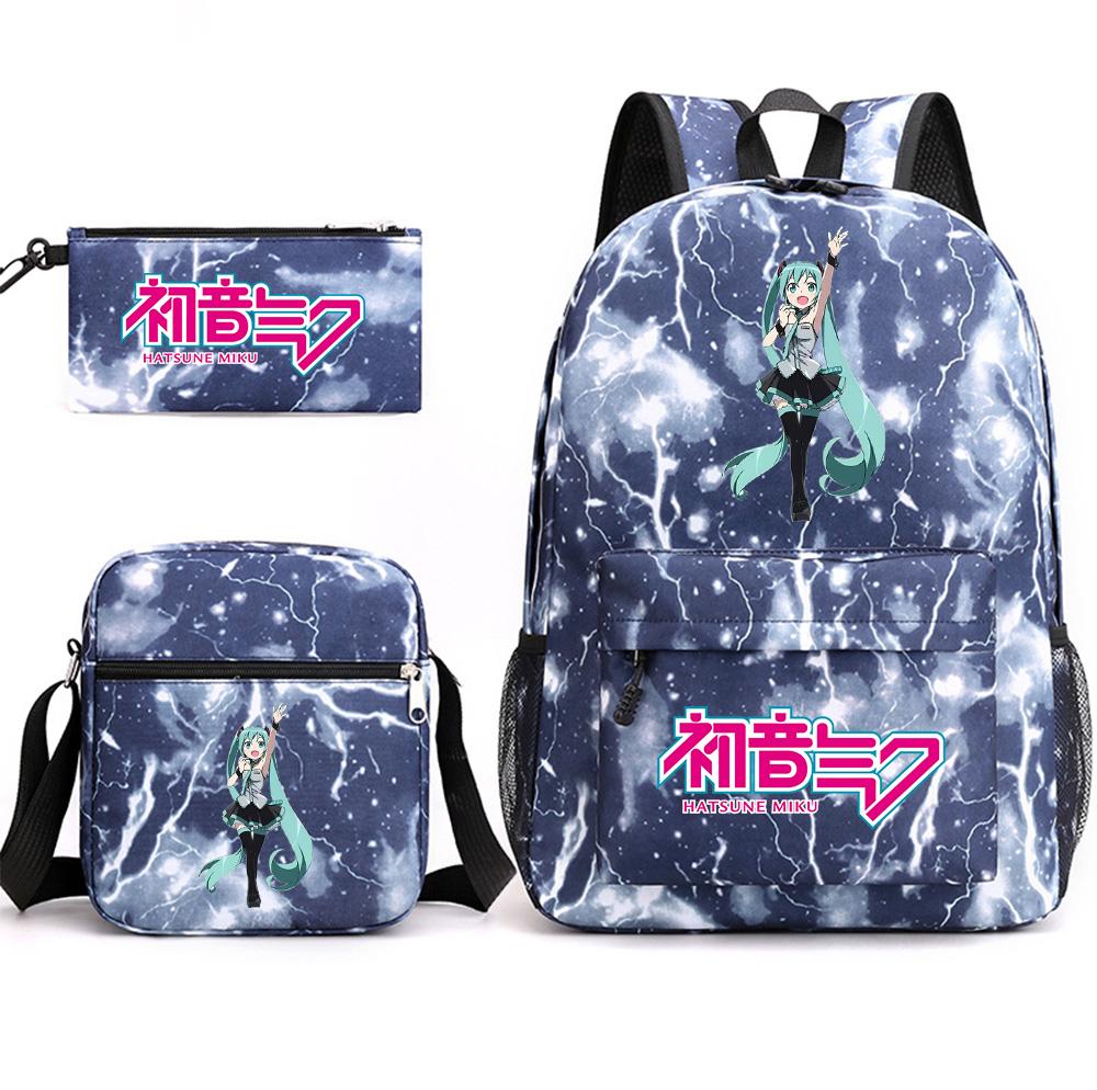 3Pcs/set Anime Cartoon Hatsune Miku Printed Backpack with Shoulder Bag Pencil Case for Teenager Student Boy Girl Large Capacity Waterproof Schoolbag