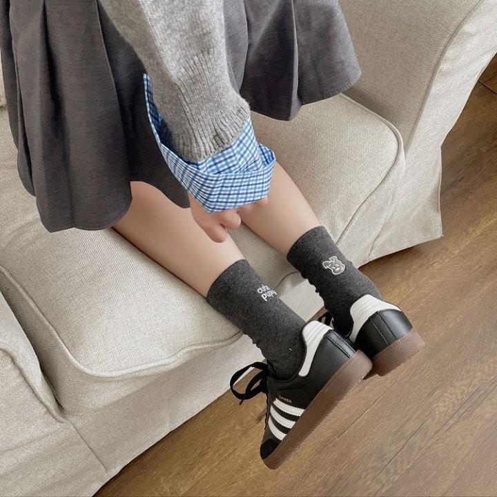 Korean INS-Style Mid-Calf Slouch Socks with Embroidered Cartoon Puppy & AB Letters