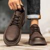 Autumn New Men's Casual Leather Shoes Medium Top Solid Color Small Black Shoes Outdoor Trend Fashion Martin Boots