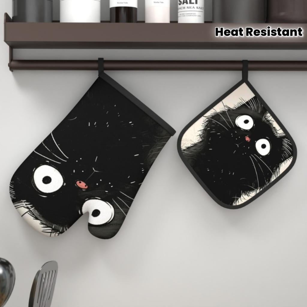 S Black Cat Oven Mitts & Pot Holders - Heat Resistant, Whimsical Cat Eyes & Whiskers Design, 10.6x6.