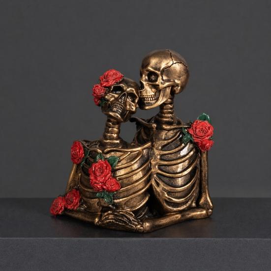 Halloween Gothic Skeleton Couple Figurine, Vintage Kissing Skeleton Resin Statue, Rose Skeleton Couple Sculpture for Holiday Party Decoration