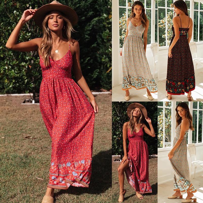 2026 Summer Bohemian V-Neck Floral Spaghetti Strap Maxi Dress for Women