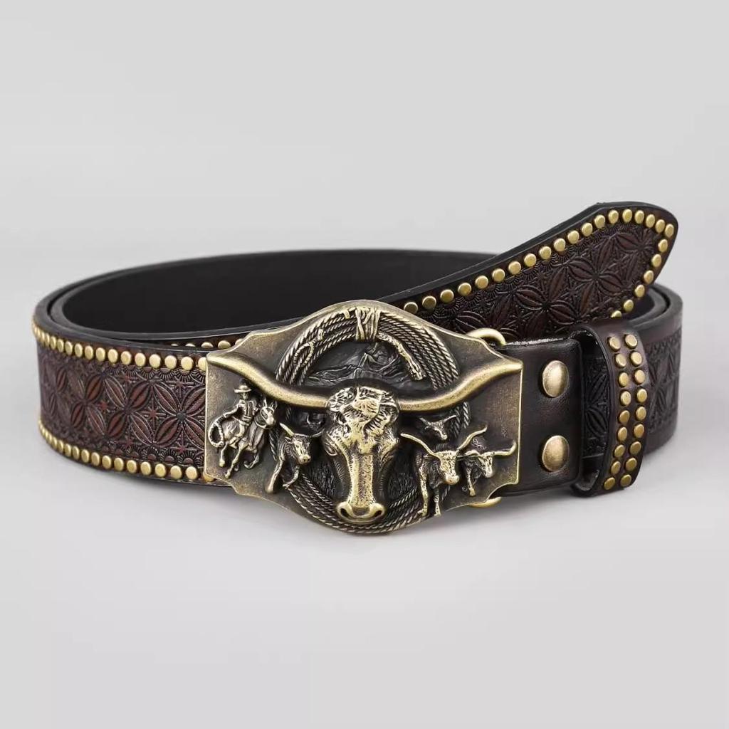 Western Cowboy Leather Belt with Bull Head Buckle, Rivet & Embossed Retro Style for Young Men