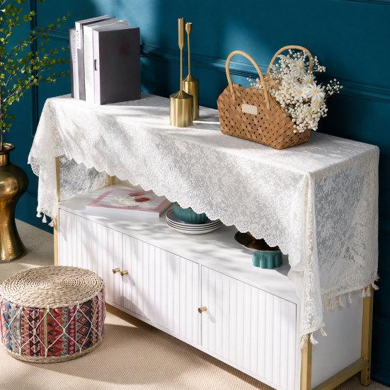 Tischdecke mit Anti-Rutsch-Rückseite, Doppelseitiger Spitzen-Einfacher Design-Tischschutz, Quastenrand Böhmischer Stil Möbelabdeckung für TV-Schränke Sofas