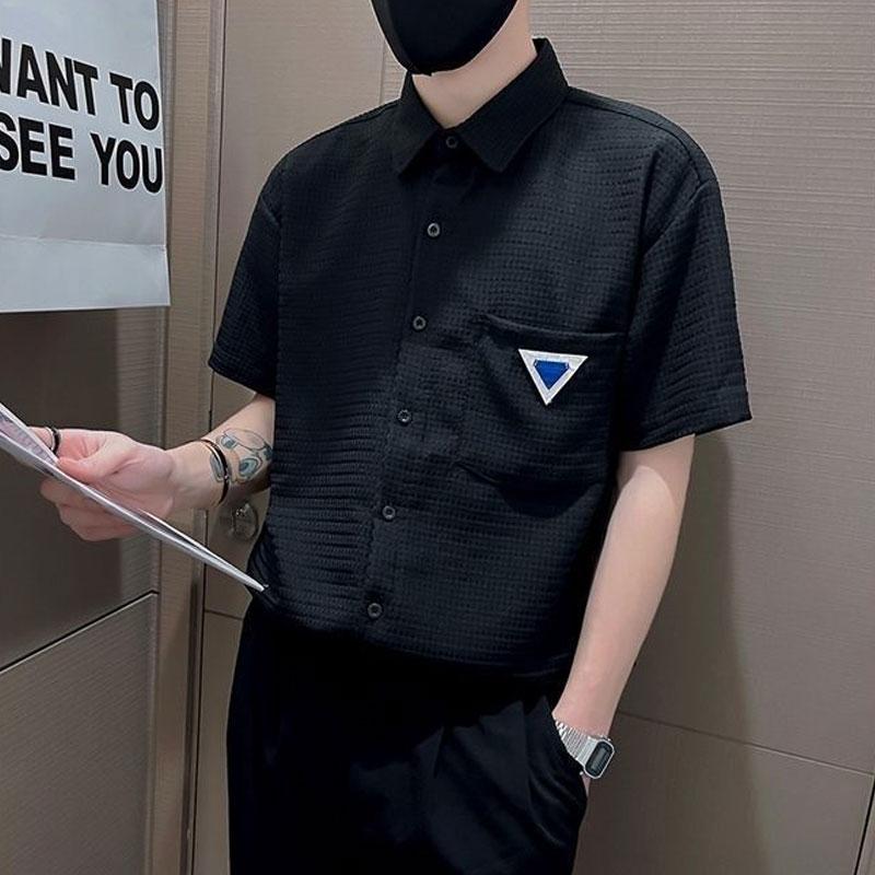 Men's Clothing Solid Color Shirts Stylish Textured Waffle Summer Casual Pockets Spliced All-match Lapel Single-breasted Shirts