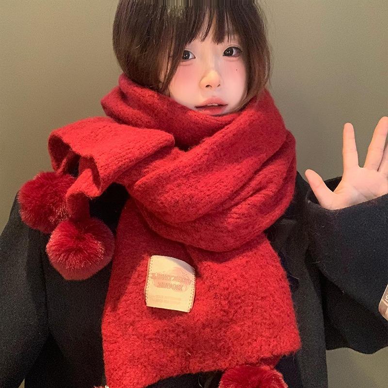 Red Hairball Knitted Scarf Women's Autumn and Winter Atmosphere Cute Thickened Warm Christmas Scarf