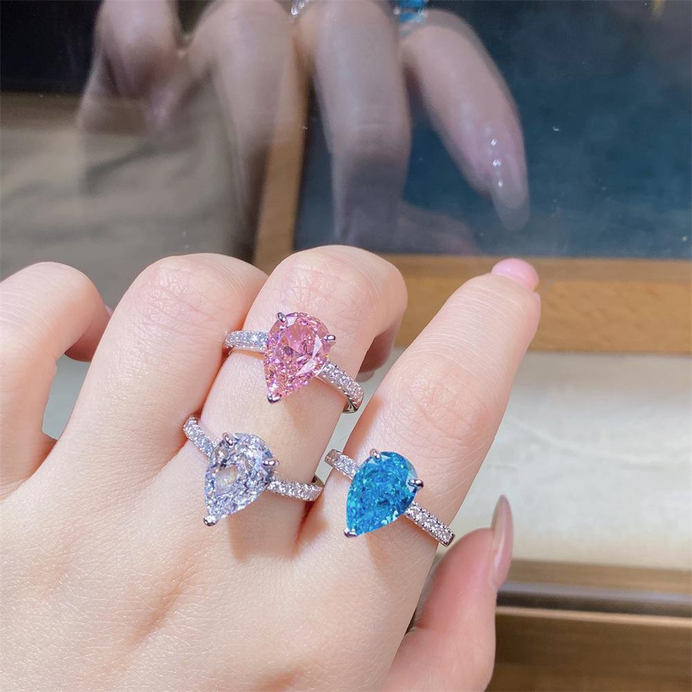 Nine Beauty Jewelry Teardrop Zircon Ring: S925 Sterling Silver, Pink High-Carbon Diamond, European & American Ice Flower Cut.
