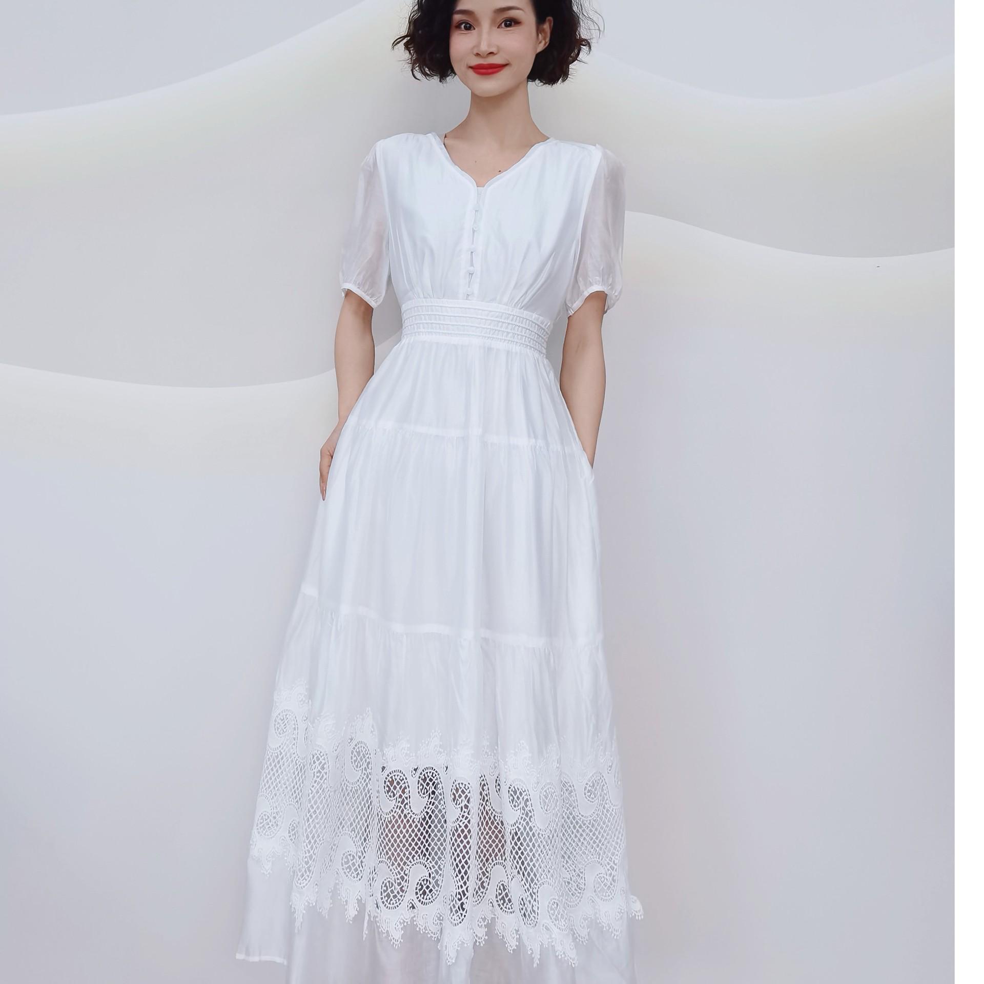 Summer French V-neck Elegant Slimming Hollow-out Long Dress XL 118-128 lbs белый