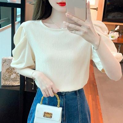Women Shirts Office Lady Fashion Chiffon Tops Round Collar Sweet Short Puff Sleeve Blouse Solid Color Summer Clothes 27487
