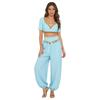 S-XXL Womens Belly Dance Outfit V Neck Short Sleeve Gold Trim Crop Top and Sequin Tassel Long Pants 2-piece Set for India Dance Folk Dance