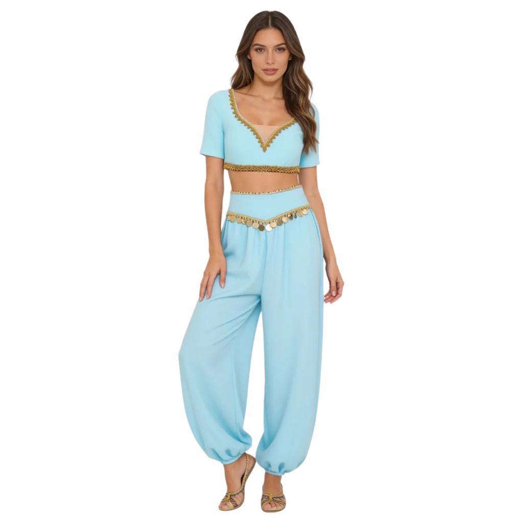 S-XXL Womens Belly Dance Outfit V Neck Short Sleeve Gold Trim Crop Top and Sequin Tassel Long Pants 2-piece Set for India Dance Folk Dance