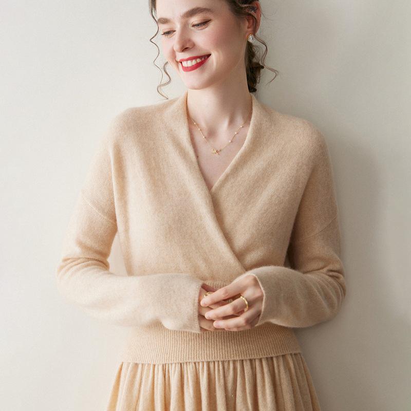 Women's Cross V-Neck Cashmere Sweater - 2026 Autumn/Winter French Robe Style Knit Outerwear