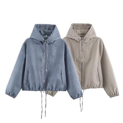 Womens Plaid Hooded Jacket 2026 Streetwear Long Sleeve Zipper Coat In Blue Brown Checks