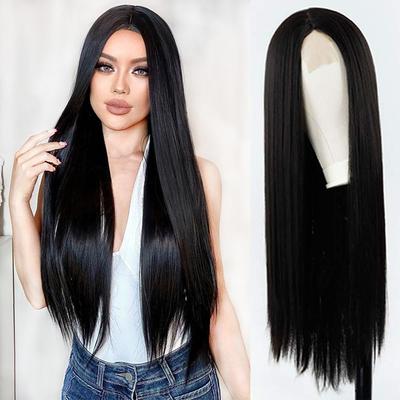 Peluca sintética de moda con encaje frontal sin flequillo, peluca larga y recta, peluca negra para mujer, para uso diario en cosplay