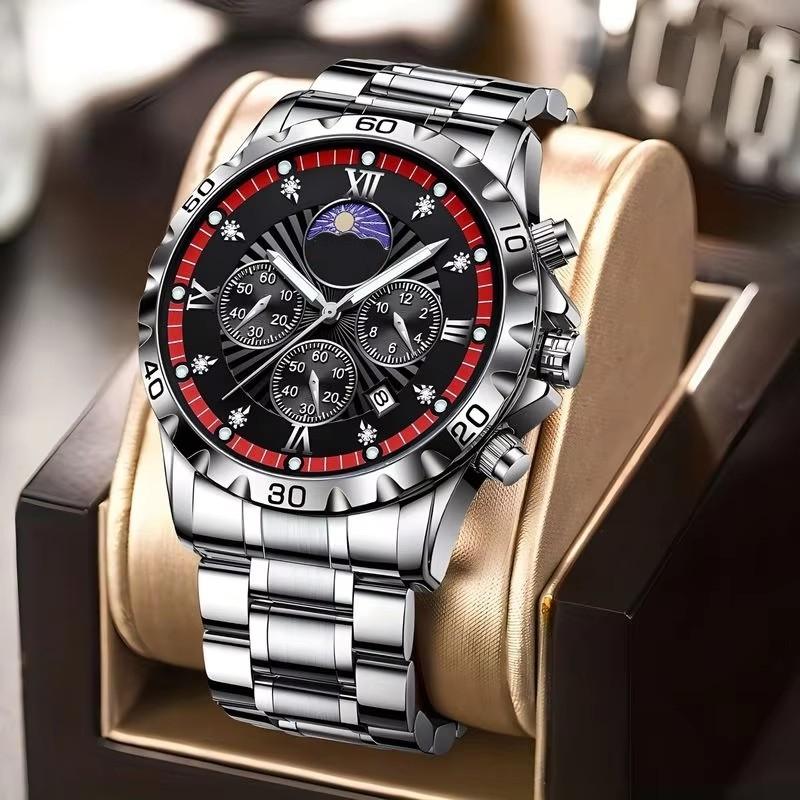Men's Quartz Watch with Subdials Analog Wristwatch with Date-Display Waterproof Luminous Chronograph Dress Watches Stainless Steel Band