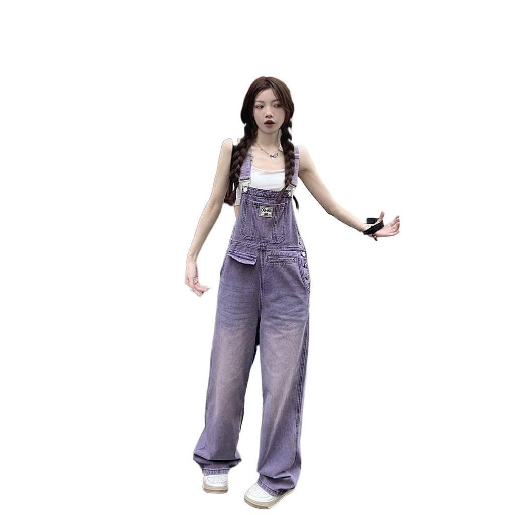 Women's Retro Purple High-Waist Denim Overalls - Slimming, Loose, Wide-Leg Jumpsuit for Spring & Summer