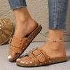 Fashion Buckle Rivet Decor Flat Sandals for Women 2025 Summer Retro Thick Sole Non Slip Slippers Plus Size Comfort Platform Beach Shoes