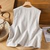 Women's Light Gray Linen Vest Round Neck Asymmetric Button Down Sleeveless Casual Waistcoat •