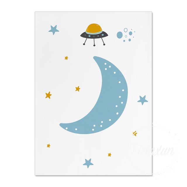 Cartoon Moon Planet And Prints Sun Rocket Poster Canvas Prints Children's Room Wall Art Decoration Pictures Children's Room Art No Frame