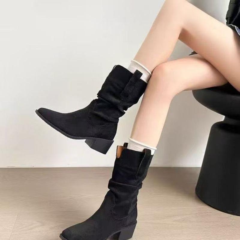 Autumn Good-looking and Thin Fashion Boots Retro Stacking Boots Thick Heel Medium Tube Martin Boots Western Cowboy Boots