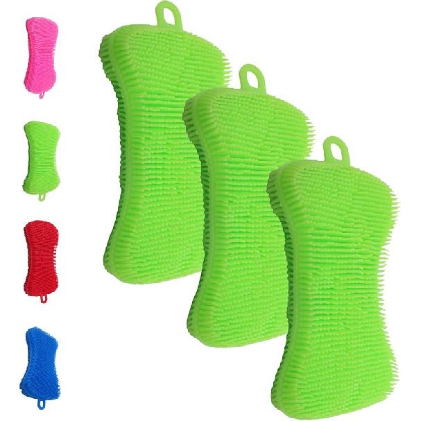 Silicone Dish Sponge - Dishwashing Kitchen Scrubber - Double Sided Sponge Brush - Multipurpose & Reusable Silicone Dish Sponges for Dishes, Fruits &