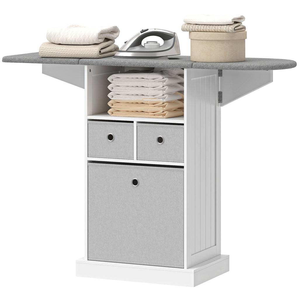 Ironing Board with Wheels, Foldable Ironing Surface, 3 Fabric Drawers, 121x37x89.5 cm, White