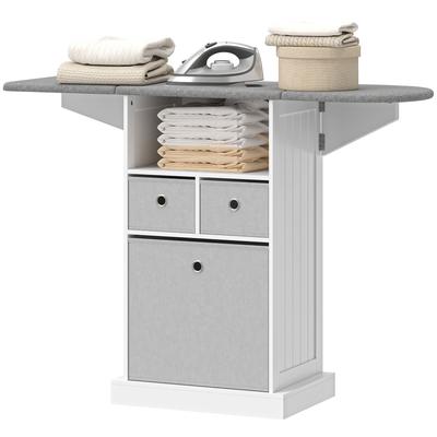 Ironing Board Cabinet On Wheels with Ironable and Foldable Top, Mobile Storage Cabinet with Ironing Board, White