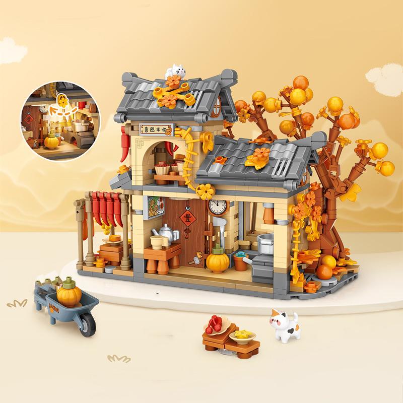 Creative Street View Mini Block Autumn Cottage Rural Courtyard Construction Building Brick House Figures Toy For Kids Gifts